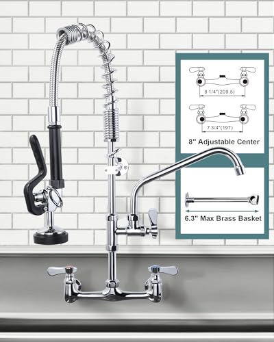 Image of 25 inch Height Commercial Faucet Wall Mount with Sprayer 8 inch Adjustable Center 9.6 inch Swing Spout, Kitchen Sink Faucet with Pull Down Pre-Rinse Sprayer for Restaurant Industrial Kitchen, Chrome