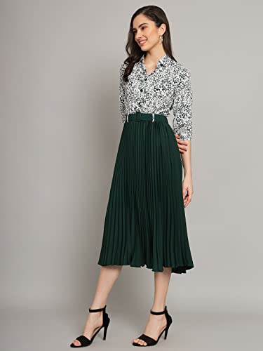 Kzully Women's Print 3/4 Sleeve Pleated Midi Dress With Belt Green