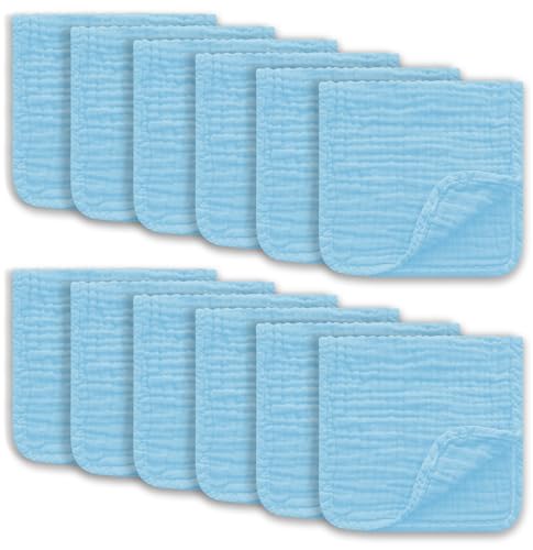 Ease Cubs Muslin Burp Cloths Large 100% Cotton Hand Washcloths for Boys & Girls, Baby Essentials Extra Absorbent and Soft Burping Rags for Newborn Registry (Aqua, 12-Pack, 20