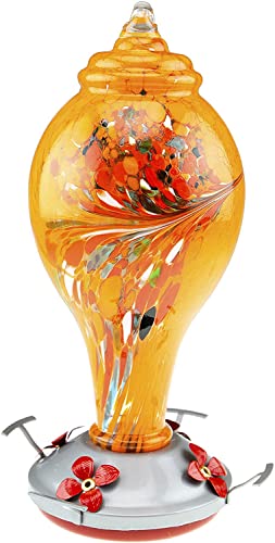 CLEVER GARDEN Hummingbird Feeder with Perch | Hand Blown Bulb Glass in Orange | 34 Fluid Ounces Humming Bird Nectar Capacity with Hanging Metal Wires and Ant Moat Hook