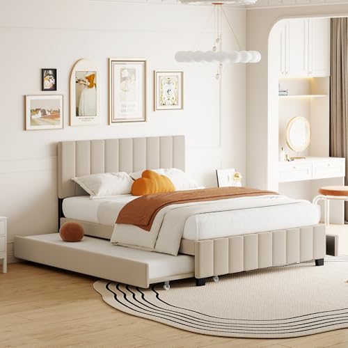 Merax Queen Size Upholstered Platform Bed with 2 Drawers and 1 Twin XL Trundle, Beige Wooden Bed Frame, No Box Spring Need