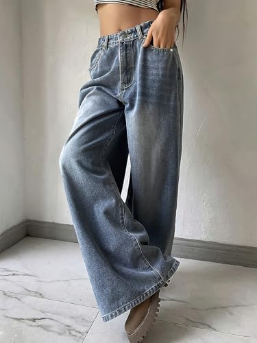 ebossy Women's Casual Loose Barrel Jeans High Waist Inspired Wide Leg Horseshoe Long Denim Pants with Pockets4