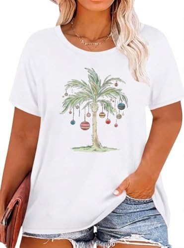 Image of kfulemai Plus Size Christmas Tree Tshirt Womens Merry Christmas Graphic tee Merry and Bright Short Sleeve, White-4, 4XL