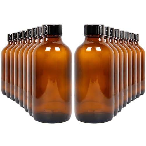 Youngever 12 Pack Empty Glass Bottles with Lids, Amber Glass Tight Seal Lids, Refillable Container for Essential Oils, Vanilla Extract and More (4 Ounce)