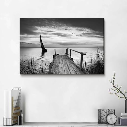 Image of Beach Scenic Wall Art Black and White Sailboat Wall Decor Ocean Coastal Pathway Picture Canvas Prints for Bathroom 16x24 inch, Nature Seascape Painting Poster Artwork Living Room Office Home Decorations