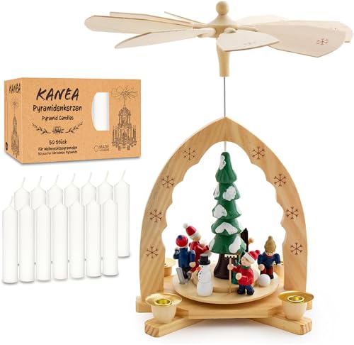 BRUBAKER Christmas Pyramid incl. Pack of 50 White Candles - One Level Rotating Carousel with Hand-Painted Wooden Figures - Christmas Tree with Winter Scene - 11.8 inches (30 cm) Holiday Decoration