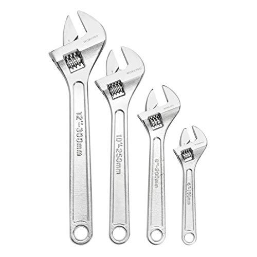 WORKPRO 4-piece Adjustable Wrench Set, Forged, Heat Treated, Chrome-plated (6-inch, 8-inch, 10-inch, 12-inch)