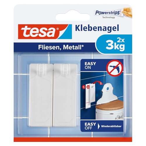 tesa Klebenagel Fliesen&Metall, 2er Set - Klebenagel für glatte und feste Oberflächen in Badezimmer und Küche, 3 kg Haltekraft - ablösbar und wiederverwendbar - 2 Stück