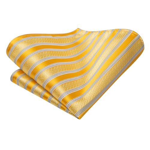 Image of Hi-Tie Yellow Striped Tie Mens Sets Silk Woven Necktie and Pocket Square Lapel Pin Silver Tie Clip Cufflinks Set Wedding Business 6PCS