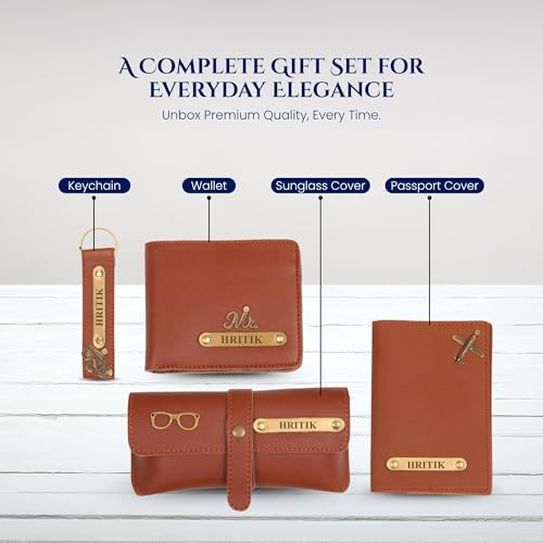 Image of Personalized Name & Charm Leather Wallet Mens Combo | Customized Birthday Farewell Retirement Combo Corporate Office Gift Set for Men Staff Employees Clients Colleagues Friend (Tan)