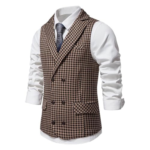 Cambkatl Men's Vintage Plaid Suit Vest Double-Breasted Business Formal Dress Waistcoat Vest for Wedding Suit Tuxedo4