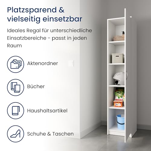 Home Collective Regal mit 5 Ebenen in mattem Finish Aktenschrank mit 4 Einlegeböden und 1 Tür, Standregal 39 cm breit mit hochwertigen Polymergriffen ideal für Schlafzimmer Wohnzimmer Flur Büro Weiß