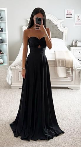 Satin Prom Dress Long with Pleats Strapless Zipper Back A Line Women's Formal Evening Dresses4