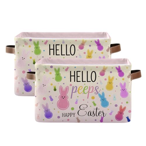 Image of Happy Easter Day Peep Bunny Storage Basket with Waterproof Liner and PU Handles Easter Eggs Leopard Cheetah Storage Bins Boxes 14.2 inch Collapsible Decorative Organizer Baskets for Bedroom Closet 2 Pack