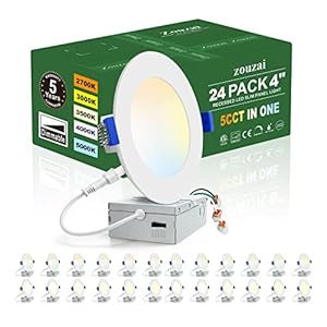 zouzai 24 Pack 4 Inch Ultra-Thin LED Recessed Ceiling Light with Junction Box 5CCT Adjustable Dimmable Can-Killer Downlight - ETL and Energy Star Certified (24 Pack 5CCT White, 4 Inch)