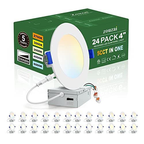 zouzai 24 Pack 4 Inch Ultra-Thin LED Recessed Ceiling Light with Junction Box 5CCT Adjustable...