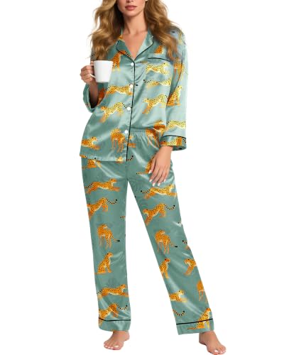 Image of Satin Pajamas for Women Set Long Sleeve Silk Pj Sets for Comfy Sleepwear with Pants Ladies Button Down Lounge Set