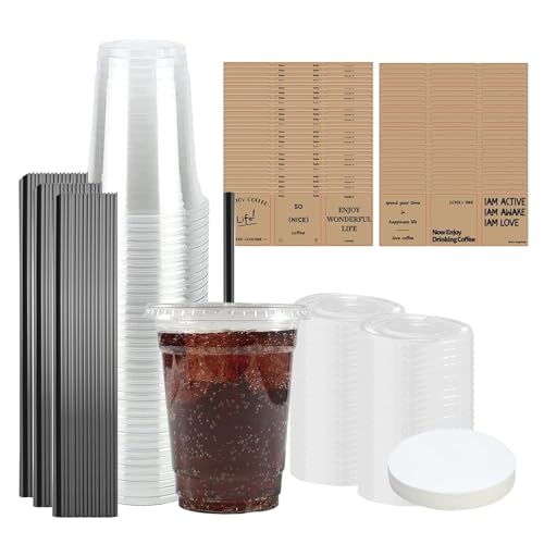 DYUEE Lot de 50 gobelets à smoothie de 500 ml avec couvercles et paille, gobelets recyclables et réutilisables avec papier étanche, gobelets à café transparents...