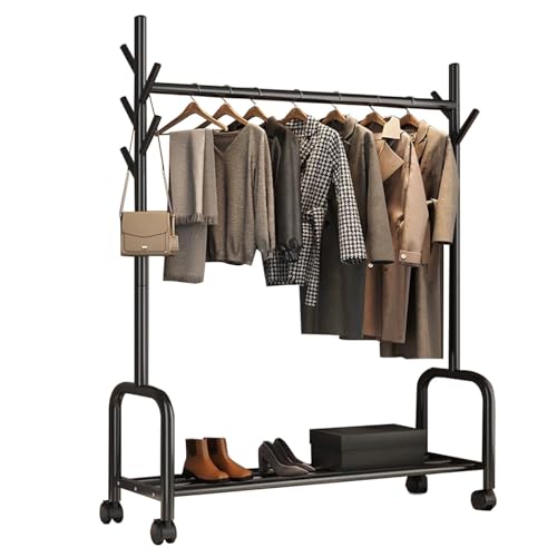 aoiuaoeniu Armario Abierto, Perchero de Pie con Zapatero y Ruedas, de Metal, Gran Capacidad, Máx. 100 kg, para Colgar Ropa, Montaje Rápido, Perchero Recibidor : 60/100/120/150x34x165CM
