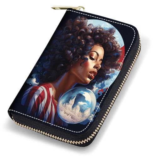 stmedazm Credit Card Holder Wallets for Women, RFID Blocking Small Leather Card Case Wallet with Zipper Accordion Wallets - African American Women
