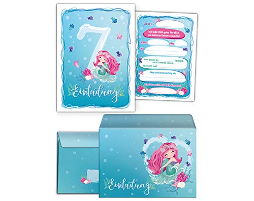 JuNa-Experten Lot de 12 cartes d'invitation pour 7e anniversaire d'enfant Motif sirène Avec 12 enveloppes, 12 sachets et… - Image 3