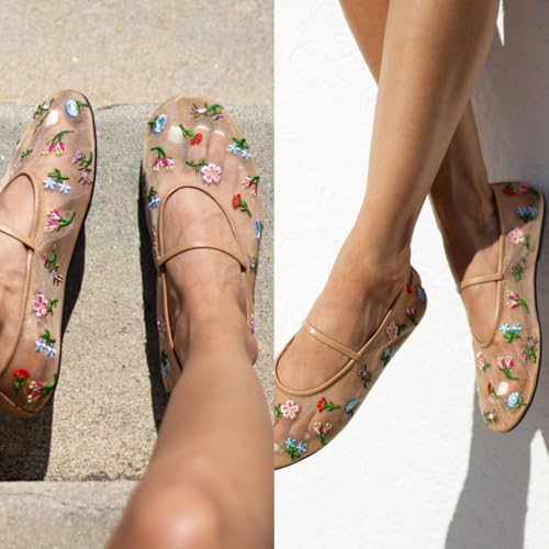 MAVMAX Nude Mesh Ballet Flats for Women Tulle Floral Embroidered Mary Jane Ballerina Round Toe Comfortable Daily Dress Ballet Flats Shoes with Strap2