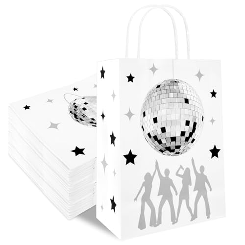 36 Pcs Disco Ball Gift Bags Disco Party Disposable Gift Bag 70s Disco Party Supplies for Candy Goodies Gifts, Disco Paper Bags with Handles for Wedding Bachelorette Party Decoration (White)