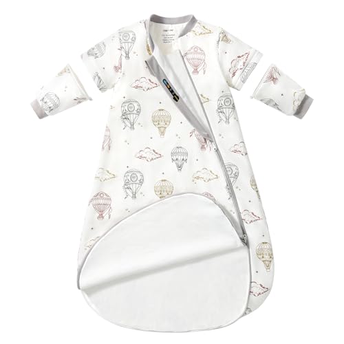 Baby Sleep Sack 6–12 Months, Cotton Sleep Sack with Detachable Long Sleeves, 1.0 TOG Wearable Blanket for Cooler Nights, 2-Way Zipper Toddler Sleeping Sack with Temperature Strip, Hot Air Balloon