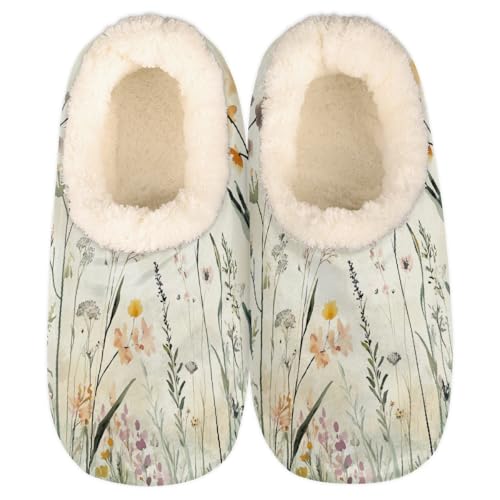 Vintage Watercolor Wildflowers Plants Slippers for Women Slipper Socks Soft Fuzzy House Slippers Shoes for Indoor Bedroom, Winter Cozy Christmas Gifts