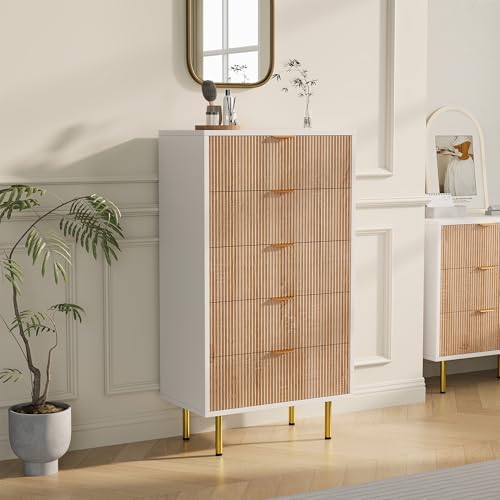 Henunem Commode 5 tiroirs, Meuble de Rangement étroit avec Pieds en Acier, Poignée en métal Push-Pull, Style Moderne, Commode pour Chambre à Coucher,...