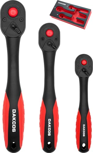 DAKCOS Umschaltknarre 1/4 3/8 1/2 3pc Knarre Rotary Ratsche Antrieb mit 72 Zähnen aus CV-Stahl Druckknopfauslösung