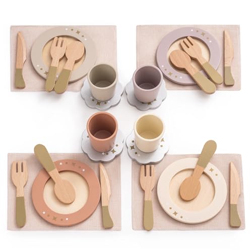 ROBOTIME Set de vajilla de Madera 29 Piezas para niños, 4 Juegos de Coloridos con...