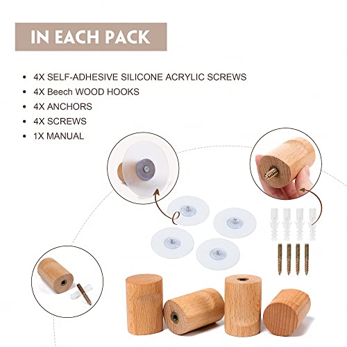 Wooden Coat Hooks 4 Pack Adhesive Decorative Wall Hooks For Hanging Hats,Towel,Backpack Hooks Wall Mounted(Beech) #TOP1