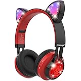 Riwbox CT-7 Cat Ear Bluetooth Headphones, LED Light Up Bluetooth Wireless Over Ear Headphones with Microphone and Volume Control for Travel/School/Smartphones/Laptop/PC/TV （Red&Black）