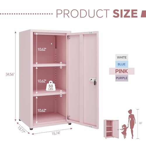 MIOCASA Metal Locker Storage Cabinet with Lock and Shelves,Single Door Lockable Cabinet for Bedroom,School,Kindergarten (Pink)