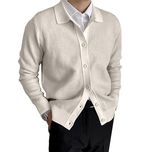 Cable Knitted Cardigan Sweater for Men Lightweight Open Front V Neck Sweaters Button Long Sleeve Solid Knitwear (XX-Large,Apricot)