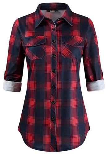 KOMANA Women's Roll Up Stretchy Knit Plaid Shirts Button Down Long Sleeve Blouses for Women Tops