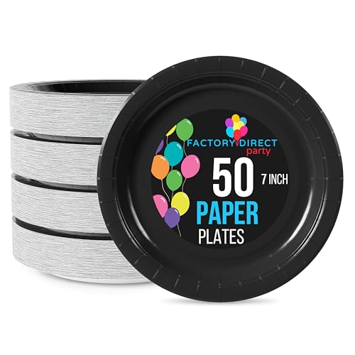 Exquisite Platos de papel negros de 7 pulgadas, platos de papel resistentes, 50 platos desechables negros, platos de papel desechables resistentes de 350 g/m² para fiestas, platos negros desechables