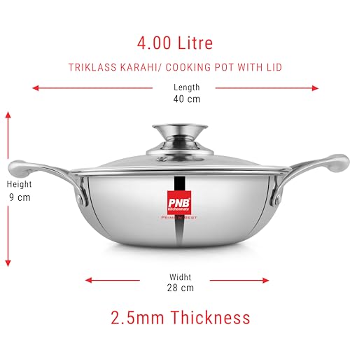 Image of PNB Kitchenmate Triply Stainless Steel kadai - 4 Liter | Heavy triply Stainless Steel kadai with Glass lid | Induction Base cookware for Indian Cooking | Durable Kitchen cookware | 5 Year Warranty