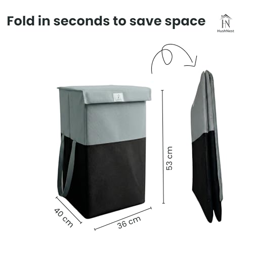 Image of 75L Foldable Laundry Basket with Lid | Large basket for Clothes, Toys | Freestanding & Collapsible Storage Hamper | Toy Storage | Washing cloth bin (Grey & Black)
