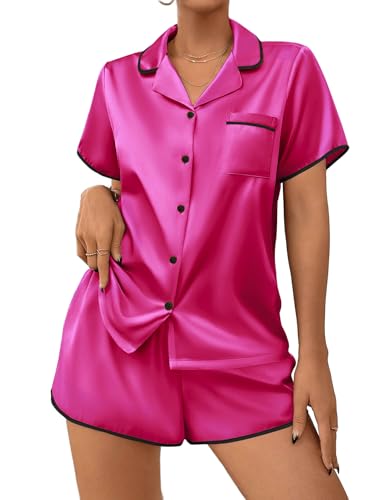 Image of Ekouaer Womens Satin Pajamas Set 2 piece Silky Buttton Down Short Pjs | Silk Notch Collar Top and Soft Shorts Lounge Set for Sleep, Daily Wear, Home, Wedding, Party