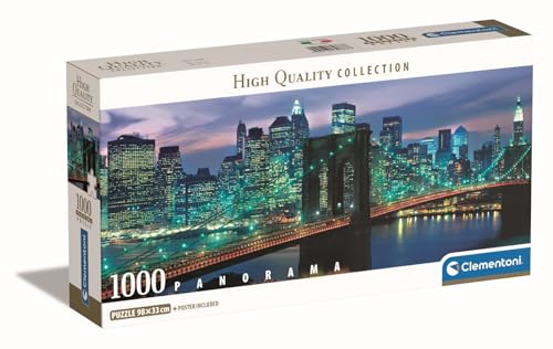 Clementoni | Puzzle Panorama New York Brooklyn Bridge pour Adultes | 1000 Pièces 98x33 cm Collection | Impression Haute Définition | Découpe Précise | Matières Recyclées | Poster Inclus