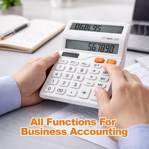 Image of 12 Digit Dual Screen Desktop Calculator with Big Buttons, GT & Memory Functions, Auto Power Off, Electronic Tabletop Office Use for Home, Shop & Business, White