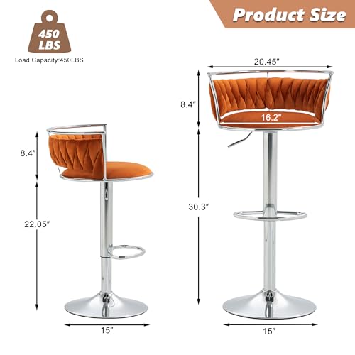 Butacos giratorios de 360°, set de 4 unidades, altura ajustable para barra, sillas modernas tapizadas en terciopelo con estructura metálica plateada, para isla de cocina o comedor (naranja) miniatura 2