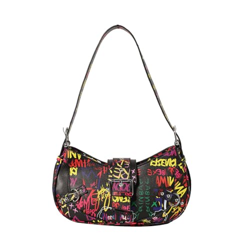 Letter Graffiti Printed Underarm Purse, PU Leather Hip Hop Painted Pattern Shoulder Bag, Vintage Multicolor Crossbody Bag