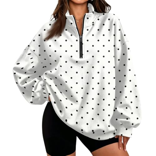 Women's Sweatshirt Polka Dot Half Zip Mock Neck Fleece Oversized Clothing | Retro Print, Ribbed Cuffs and Hem, Stand Collar, Drop Shoulder, Running Walking, Casual Sporty, Winter Fall Warm, Womens Top - image 2