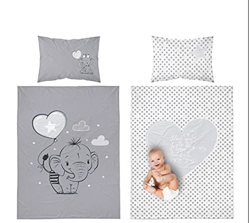 Set di biancheria da letto reversibile con elefante per lettino e copripiumino (90 x 120 cm) (100 x 135 cm)