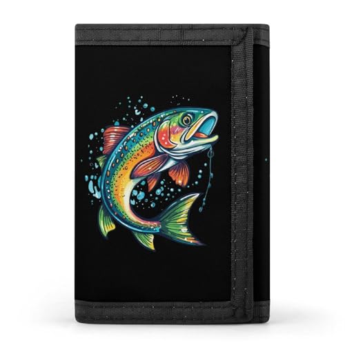 Rainbow Trout Print Trifold Wallet for Men Women Portable Slim Purse Zip Closure Pocket Wallet
