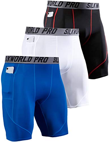 SILKWORLD 3 Pack Men's Compression Shorts Cool Dry Pockets Workout Baselayer Short Leggings, Black(Red Stripe),Blue,White, Large