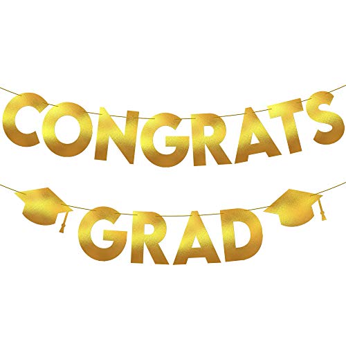 Image of KatchOn, Glitter Gold and Black Congrats Grad Banner - 10 Feet | Gold and Black Grad Banner, Cap Garland for Graduation Cap Decorations 2026 | Graduation Decorations 2026